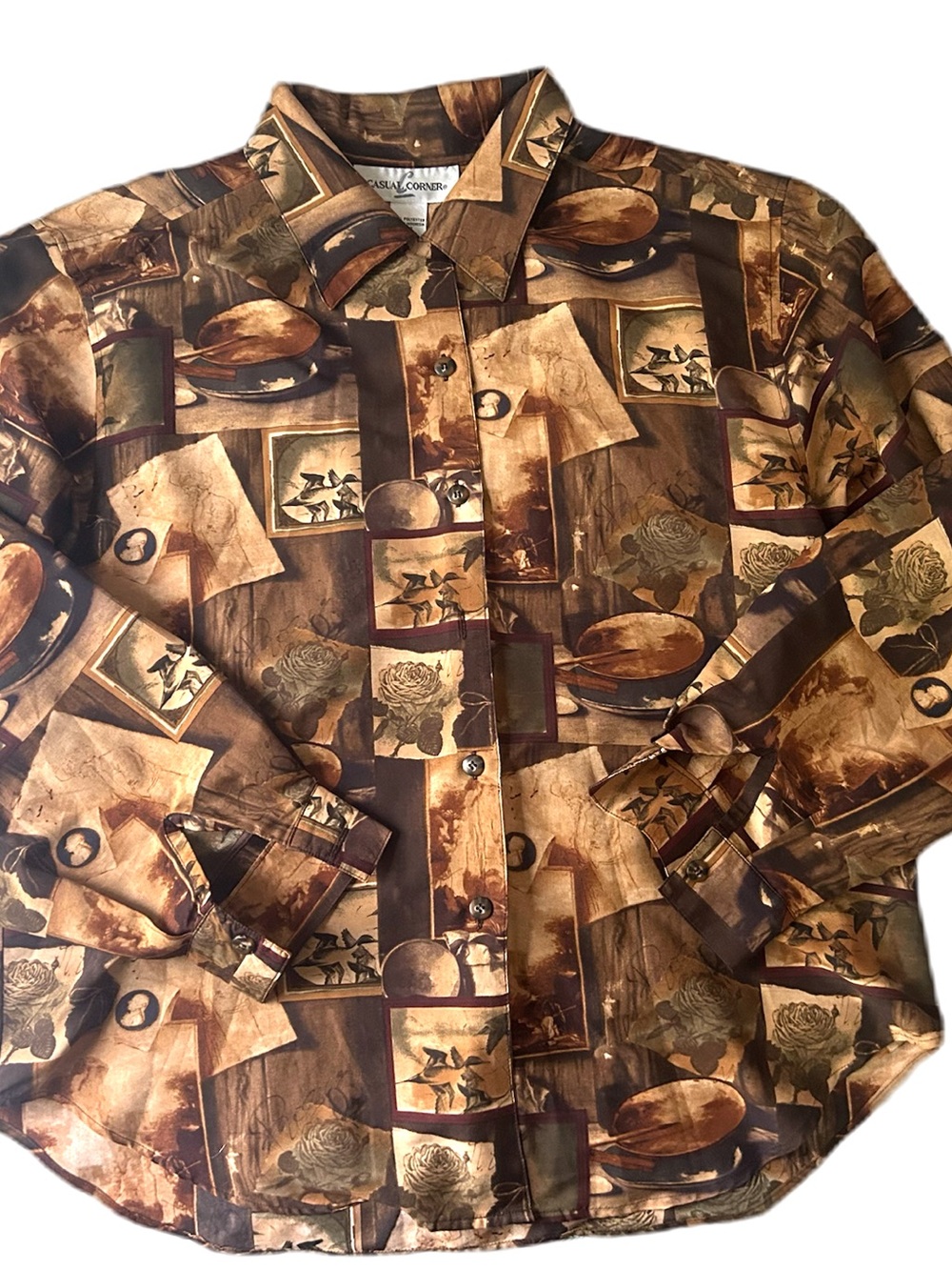 Casual Corner Woman’s Brown & Tan Collage-Print Button-Down Shirt